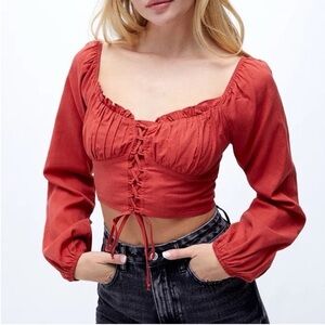 NWT PacSun/La Hearts Lace Up Long Sleeve Rust Boho Crop Top  Size Medium